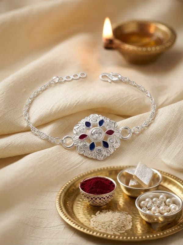 divine bloom – designer silver plated rakhi by Lawanyam - View 1