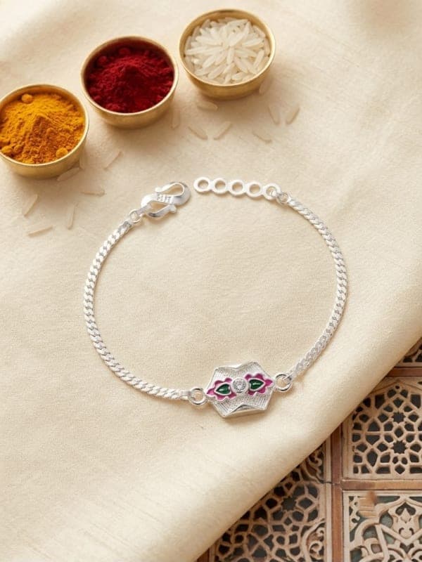 elegant floral blessings – designer silver plated rakhi by Lawanyam - View 1