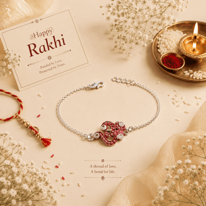 divine om sparkle – designer silver plated rakhi by Lawanyam - View 1